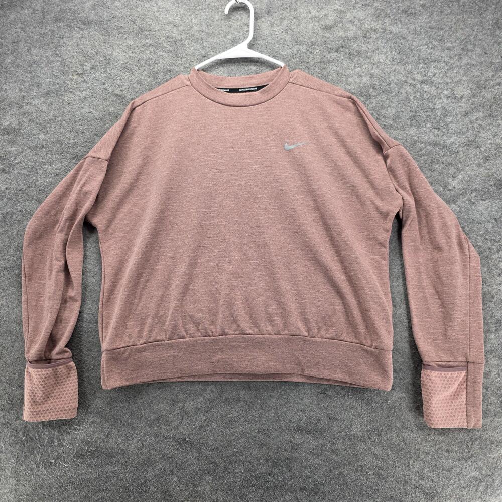 Nike Dri-FIT Running Sweater Womens Medium Pink Pullover Thumb Holes Reflective